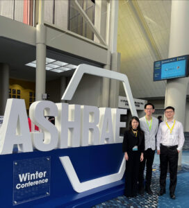 Elence Xinzhu Chen, Xiaoshi Wang, and Xu Han stand in front of display at the ASHRAE Winter Conference.