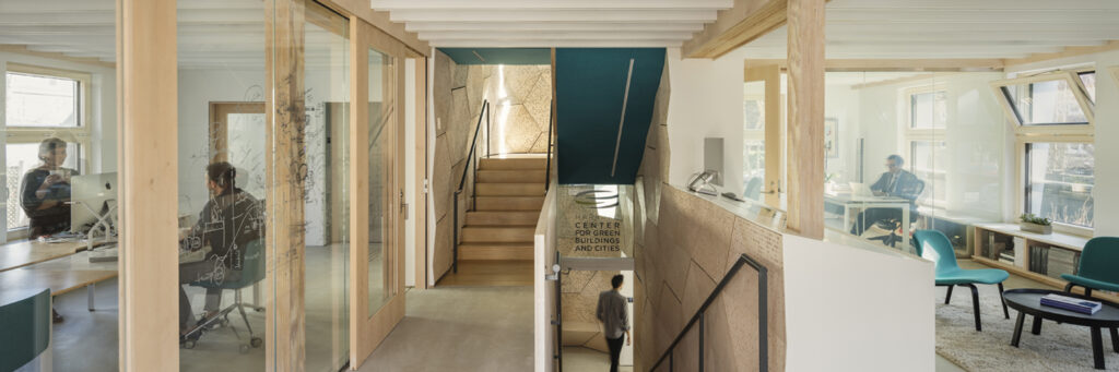 Left: Second-floor workspace of HouseZero. Right: Exterior photo of HouseZero, a pre-1940’s house in Cambridge MA that was retrofitted into an ambitious data-driven living-laboratory