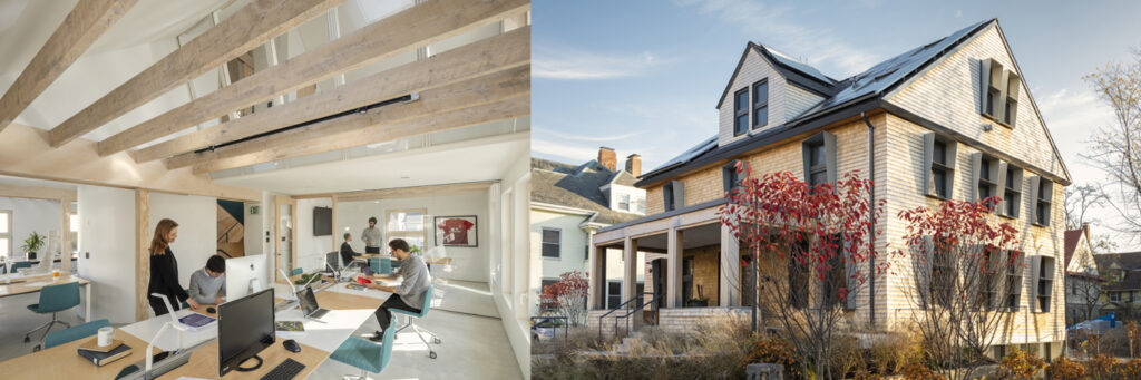 Interior of HouseZero first level. Captures work space, reception area, meeting room, and staircase.